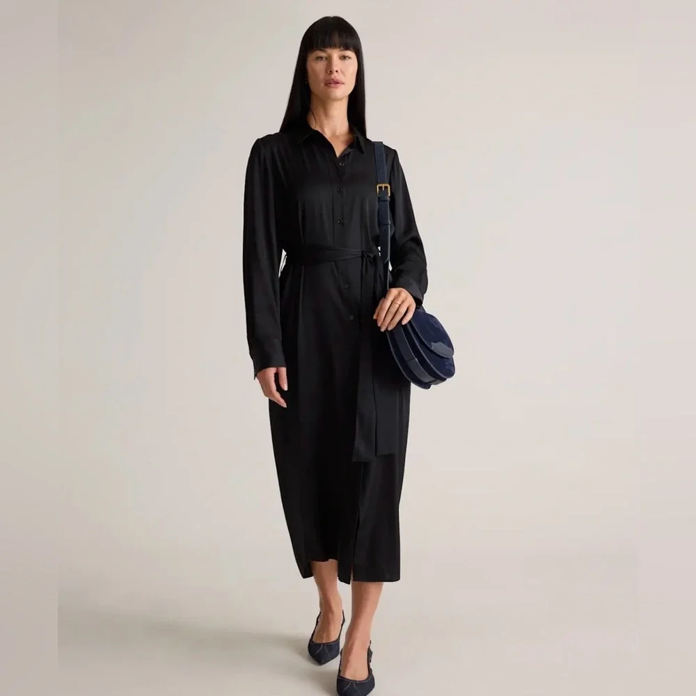 Quince black stretch washable silk shirtdress size small- NWOT - Picture 3 of 16